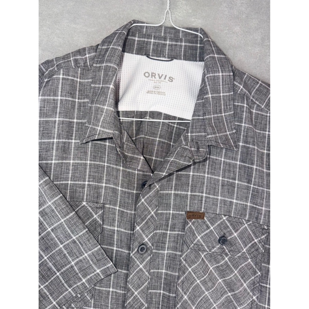Orvis Mens XXL Grey Plaid Short Sleeve Button Down Shirt Ventilated Yoke 2XL